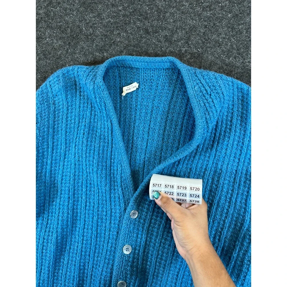 VTG 60s Wool Knit Cardigan Mens XL Blue Ribbed Button Front Sweater Rockabilly
